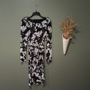 INC Black White Mosaic Peony Long Sleeve Boat Neck Front Tie Midi Dress NWT SM
